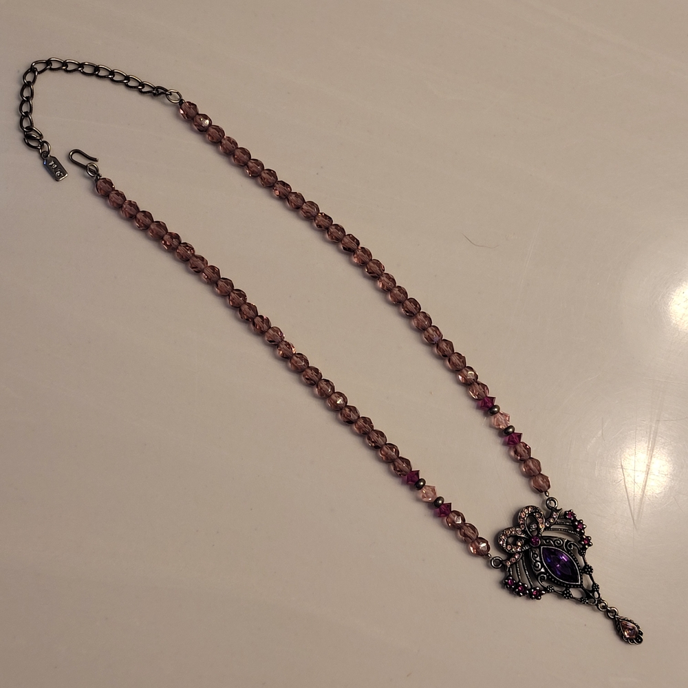 1928 Purple & Pink Crystals Ornate Pendant Sparkling Glass Beaded Necklace - Picture 5 of 16
